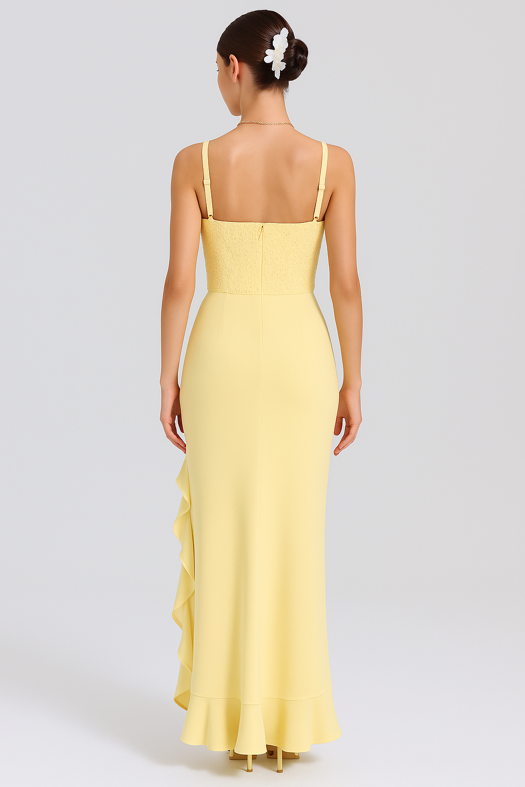 Bella – Rochie Midi de Damă din Satin cu Corset și Volane