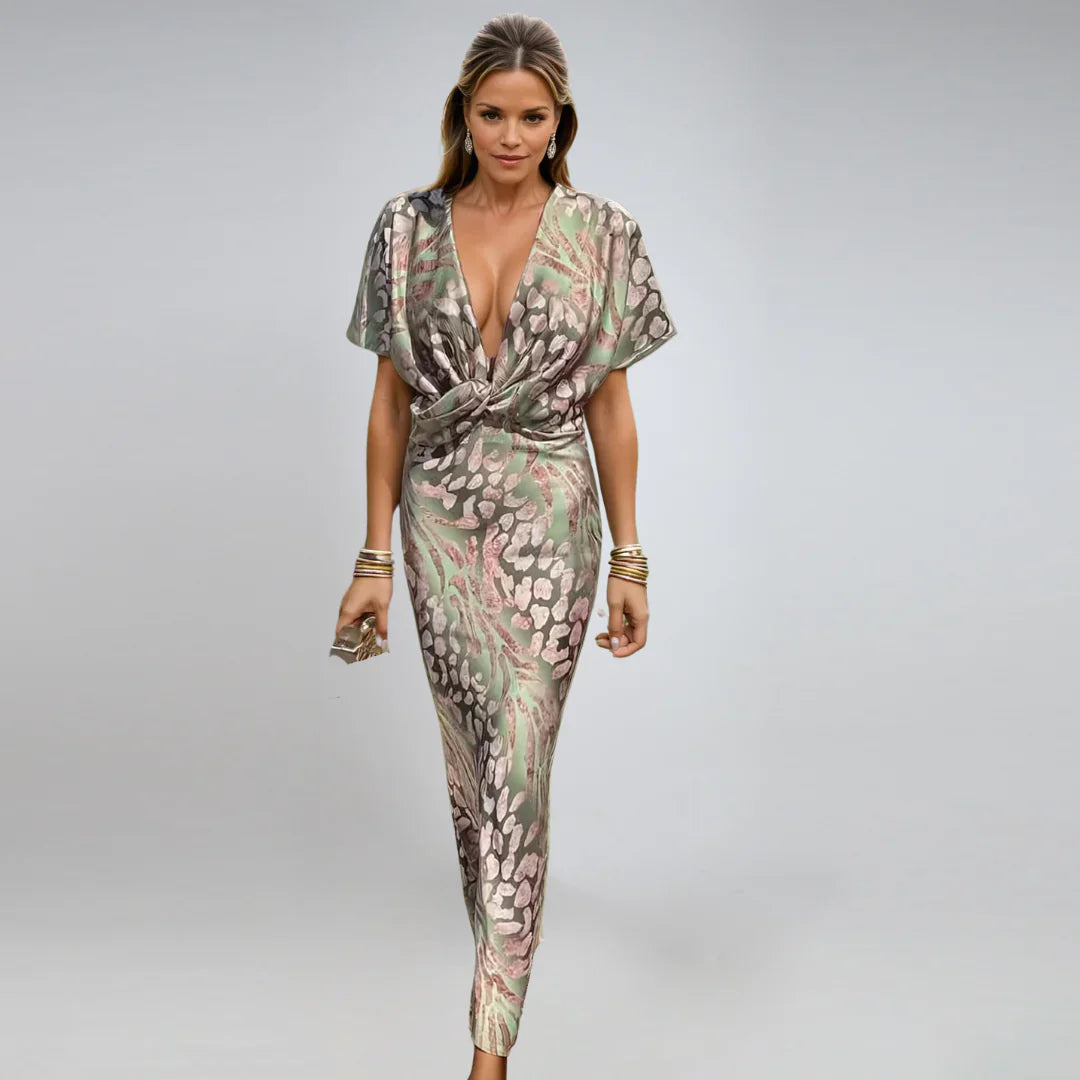 Kelsey - Rochie lungă cu decolteu în V și detaliu răsucit