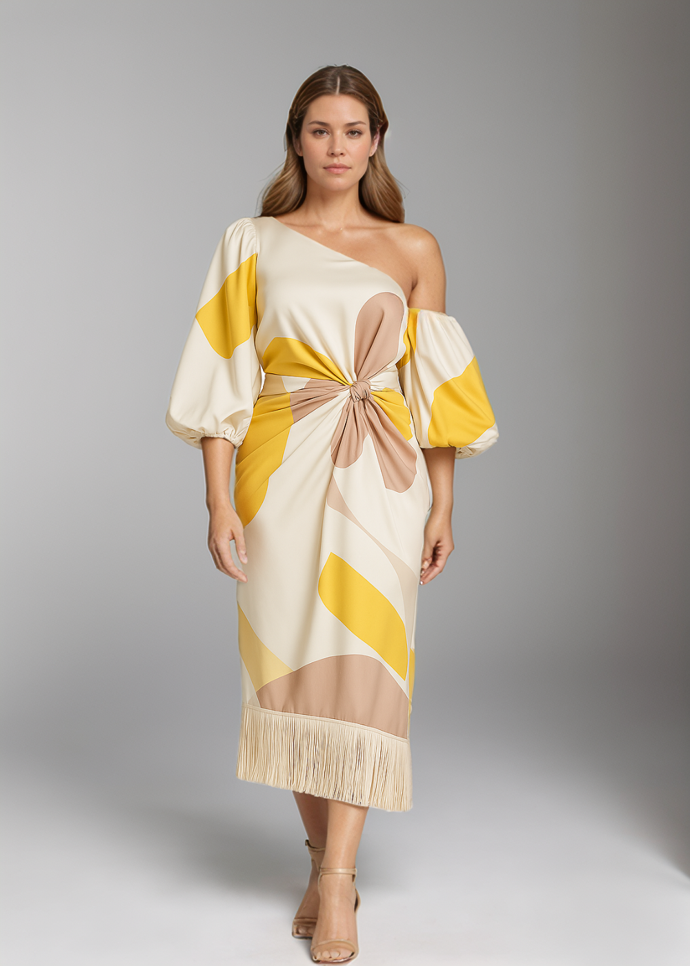 Talia – Rochie de Damă Satinată Elegantă cu Volane Asimetrice