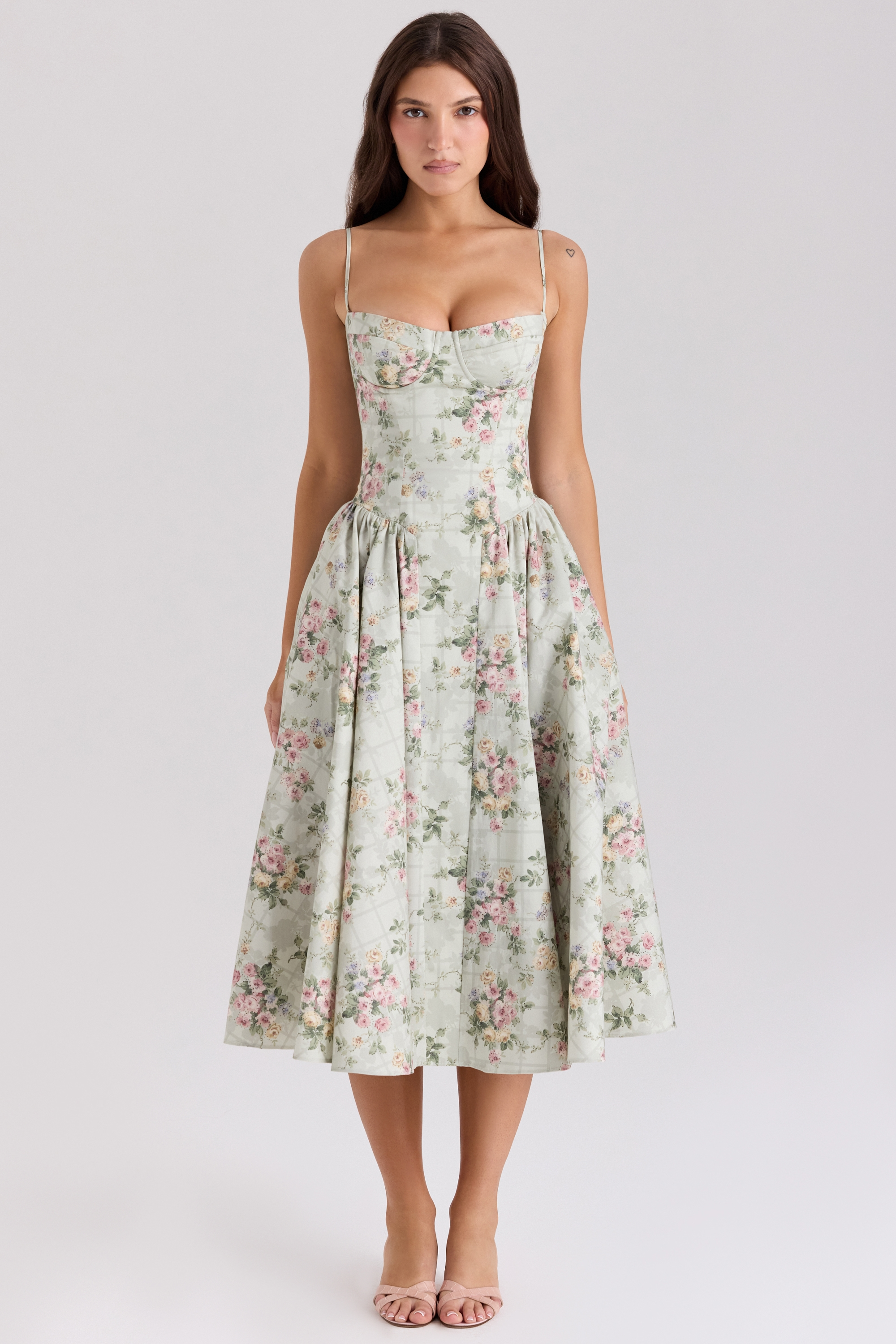 Coralie – Rochie de Damă Midi Florală cu Corset