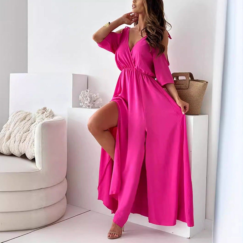 Valentina – Rochie maxi fără umeri, decolteu în V, talie elastică