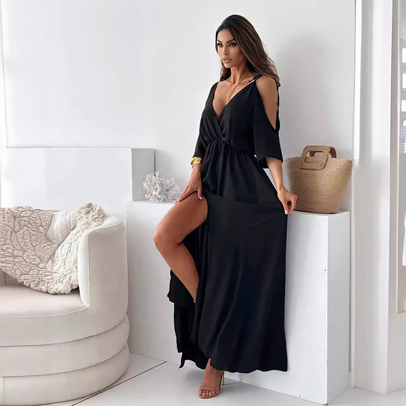 Valentina – Rochie maxi fără umeri, decolteu în V, talie elastică