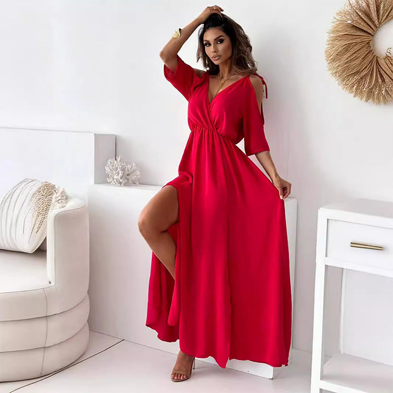 Valentina – Rochie maxi fără umeri, decolteu în V, talie elastică
