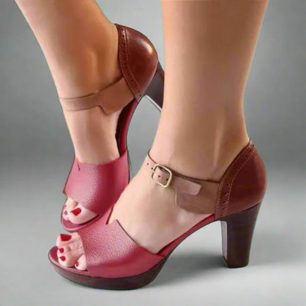 Katharina | Sandale Premium cu Toc în Stil Coreean cu Blocuri de Culoare și Cataramă