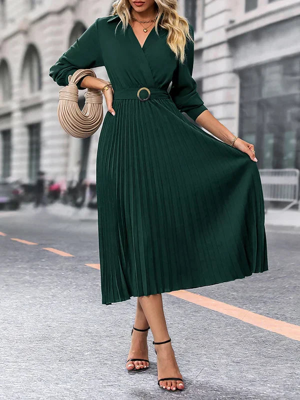 Elina – Rochie de Damă Elegantă Midi Plisată cu Mâneci Lungi