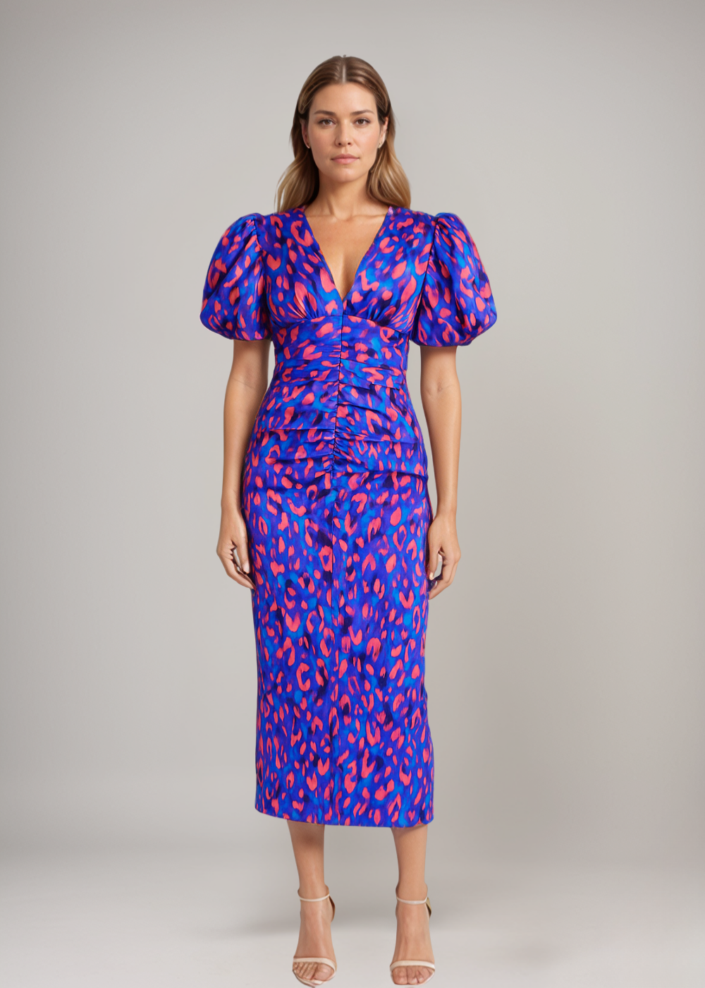 Lily – Rochie Midi Multicoloră cu Pliuri și Mâneci Bufante pentru Vară