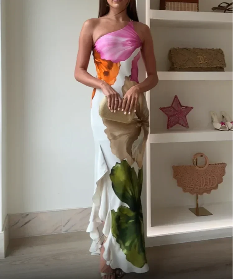 Jorgina – Rochie de Damă Maxi Asimetrică cu Volane și Imprimeu Floral