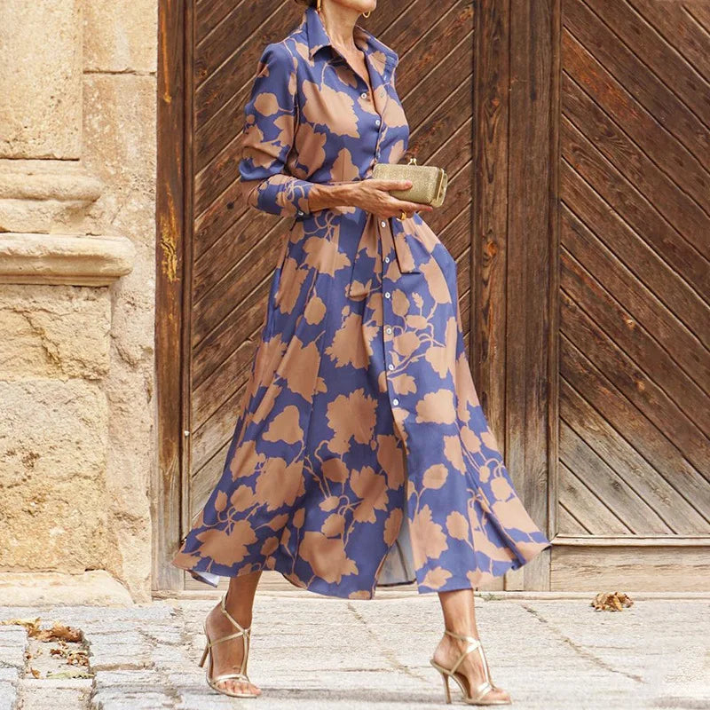 Floriza – Rochie Clasică Stil Cămașă Midi cu Cordon și Mâneci Lungi