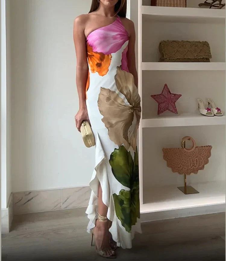 Jorgina – Rochie de Damă Maxi Asimetrică cu Volane și Imprimeu Floral