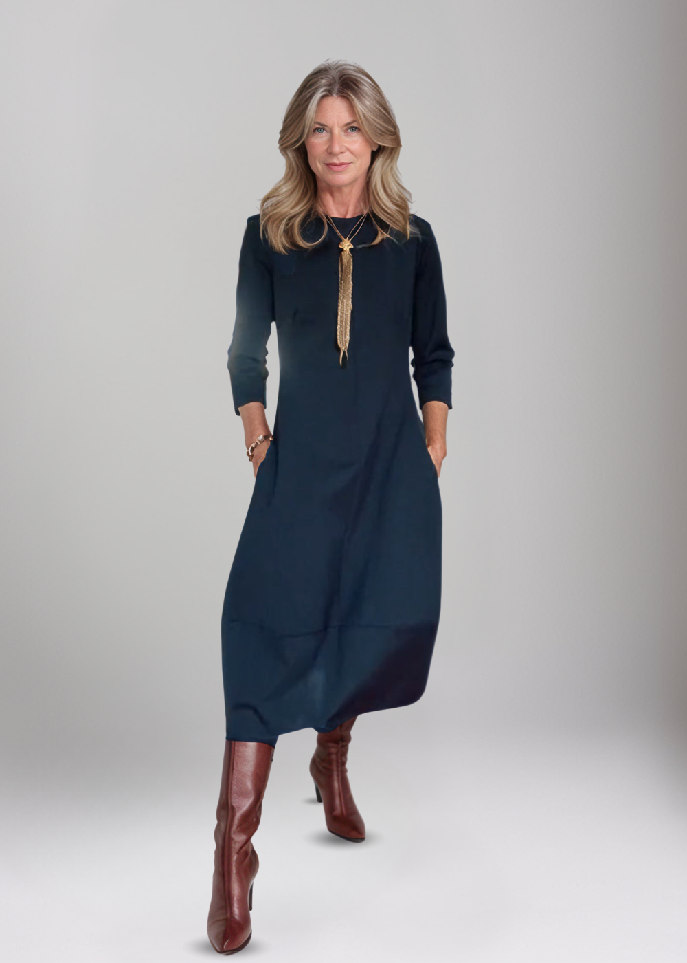 Nele – Rochie de Damă Midi Elegantă cu Mâneci 3/4 și Buzunare