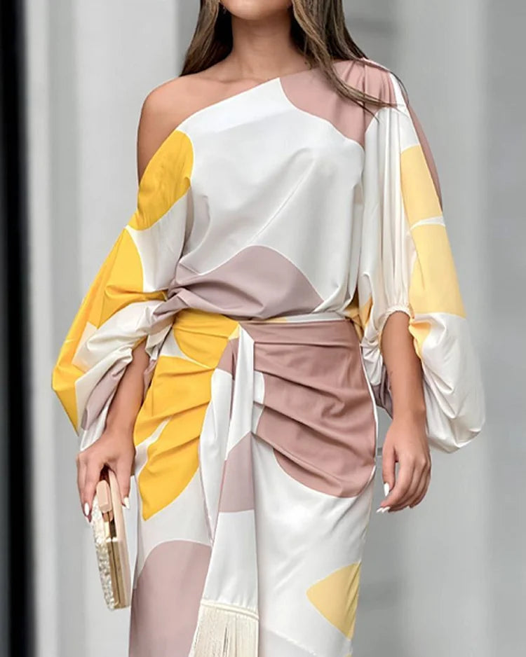 Talia – Rochie de Damă Satinată Elegantă cu Volane Asimetrice