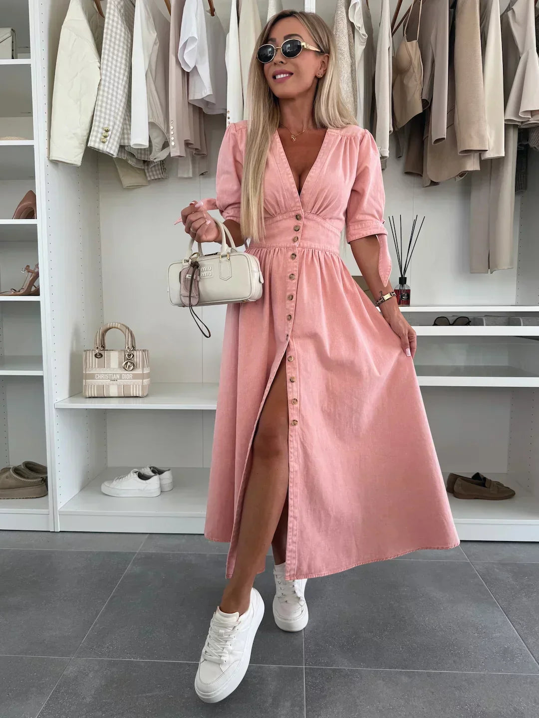 Luise – Rochie de Damă Denim Elegantă cu Detalii Strălucitoare