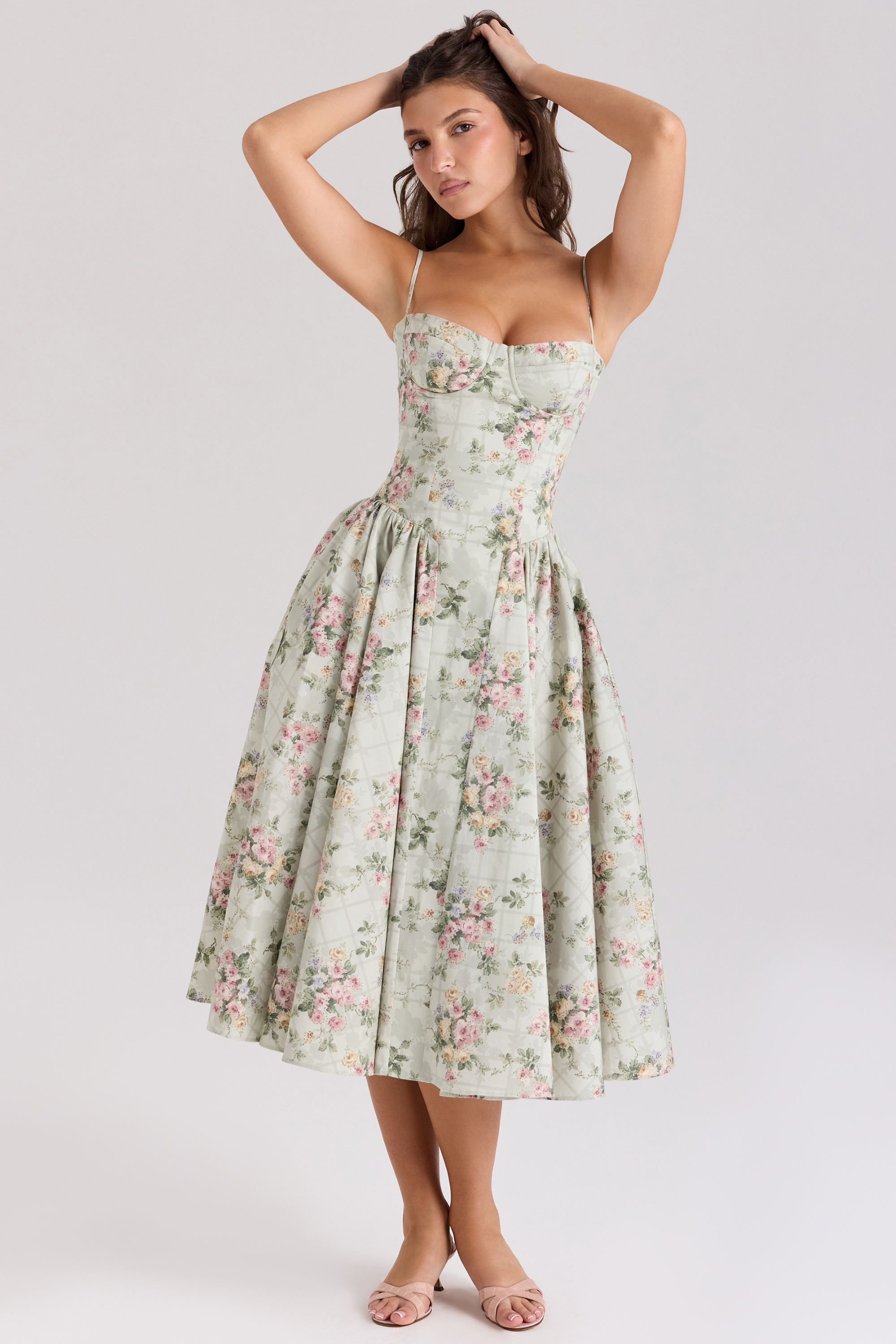 Coralie – Rochie de Damă Midi Florală cu Corset
