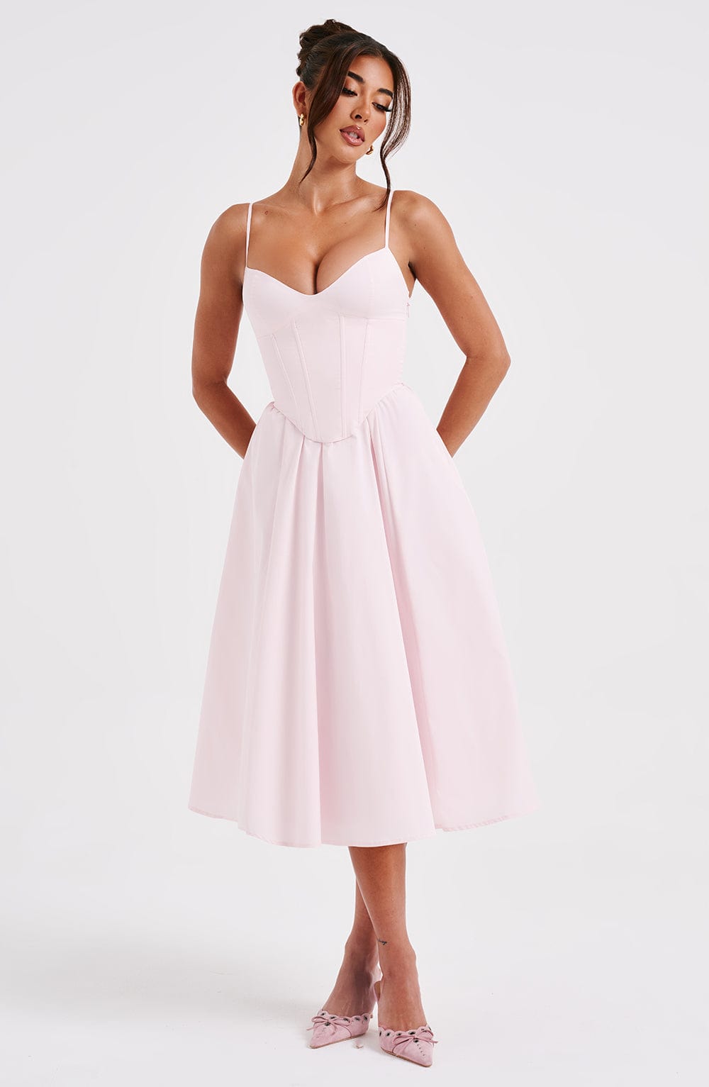 Grace – Rochie Midi Corset Elegantă Roz Blush