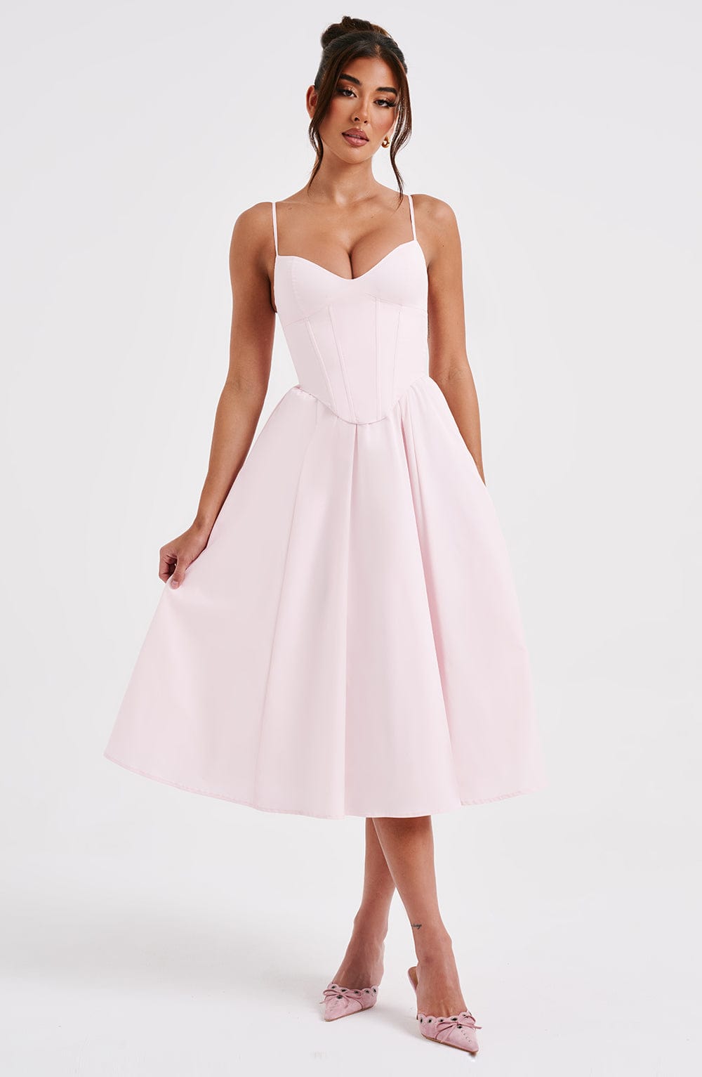 Grace – Rochie Midi Corset Elegantă Roz Blush
