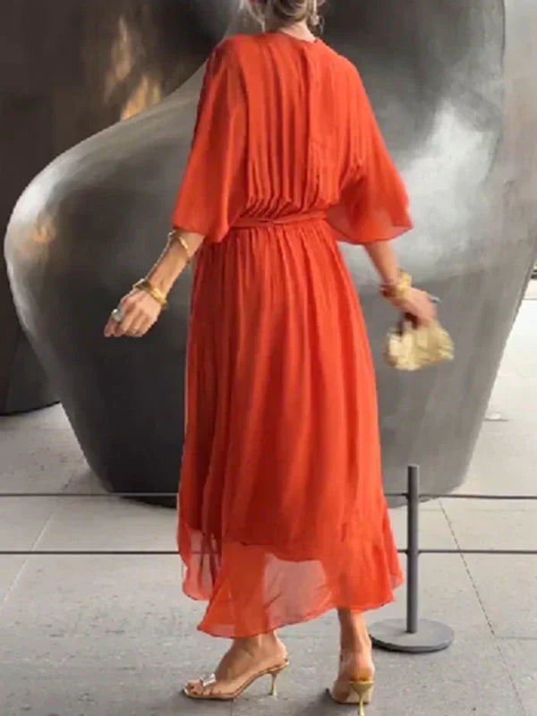 Aurora – Rochie Midi Damă din Chiffon, Stil Înfașurat, Vară