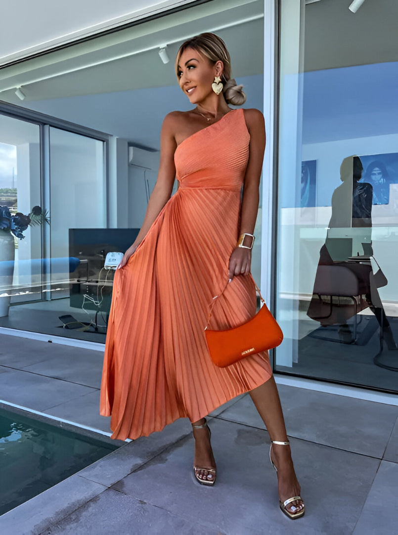 Celeste – Rochie Maxi de Damă Elegantă cu Un Umăr și Pliseuri